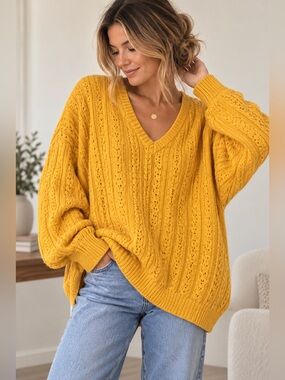 Vintage Jantzen 100% Cotton Mustard Cable Knit V-Neck Sweater